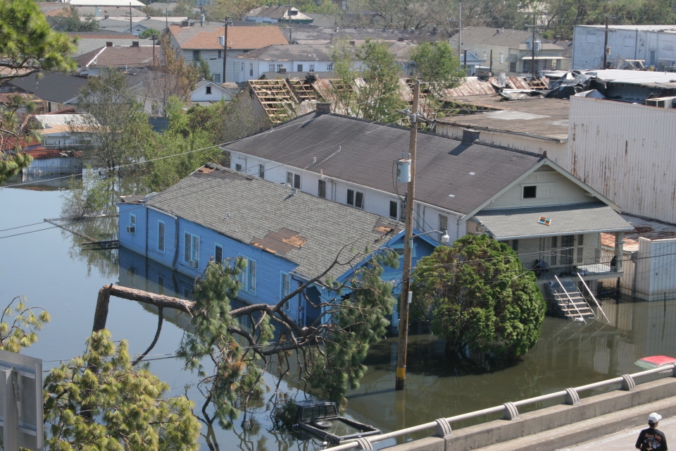 Flooded houses and downed trees after Hurricane Katrina