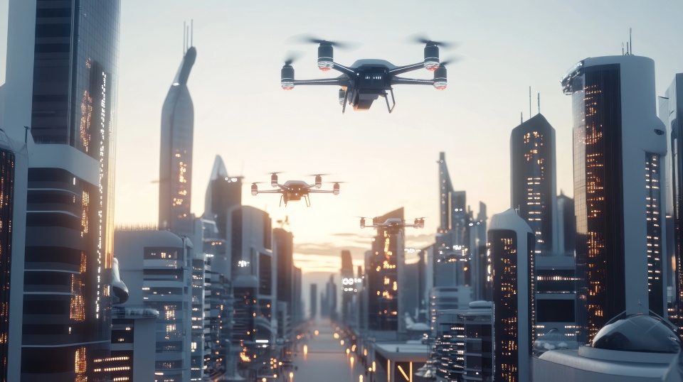 An illustration of air taxis flying over a city 
