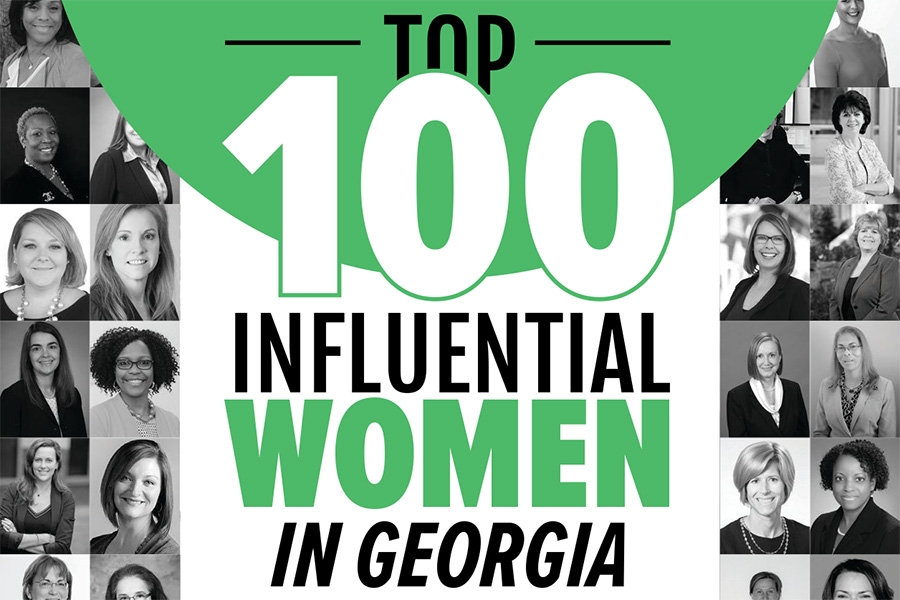 Top 100 Influential Women in Georgia graphic from Engineering Georgia magazine, including headshots of many of the women on the list.
