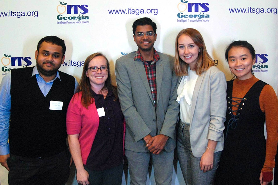 These five School of Civil and Environmental Engineering students won scholarships from the Intelligent Transportation Society of Georgia for their essays about the ways intelligent transportation systems and technology could help the United States eliminate roadway deaths and serious injuries by 2025. From left, Ph.D. students Somdut Roy, April Gadsby and Cibi Pranav; undergraduate Katie Popp; and Ph.D. student Hanyan "Ann" Li. (Photo Courtesy: Intelligent Transportation Society of Georgia)