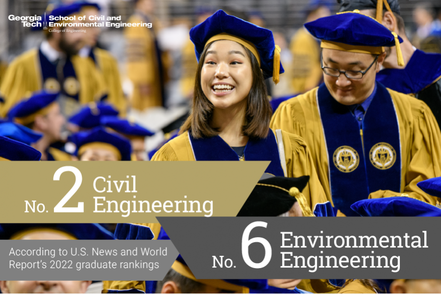A graphic featuring a woman smiling in commencement regalia with banners reading "Civil Engineering No. 2" and Environmental Engineering No. 6" and "According U.S. News and World Report's 2022 graduate rankings 