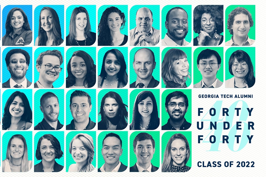 A group of headshots on green and blue backgrounds and the logo for the Georgia Tech Alumni 40 Under 40 Class of 2022