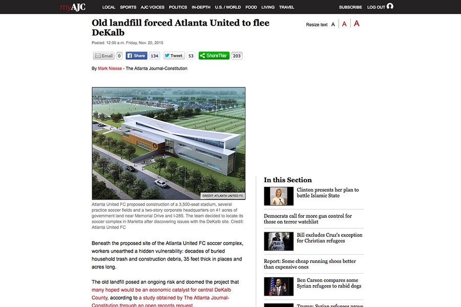 AJC screen shot: Old landfill forced Atlanta United to flee DeKalb