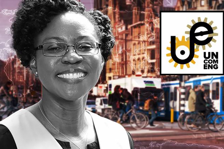 A black and white photo of Professor Adjo Amekudzi-Kennedy layered on top of a color photo of a busy city with the Uncommon Engineer Podcast logo in the corner