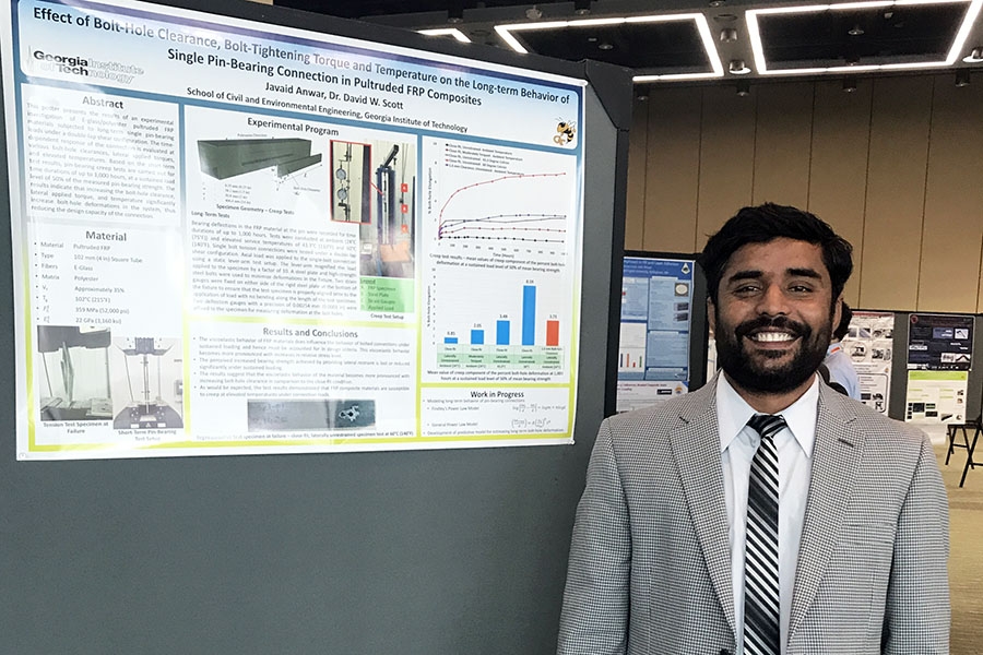 Ph.D. student Javaid Anwar with his first-place poster at the Society for the Advancement of Material and Process Engineering conference. (Photo: David Scott)