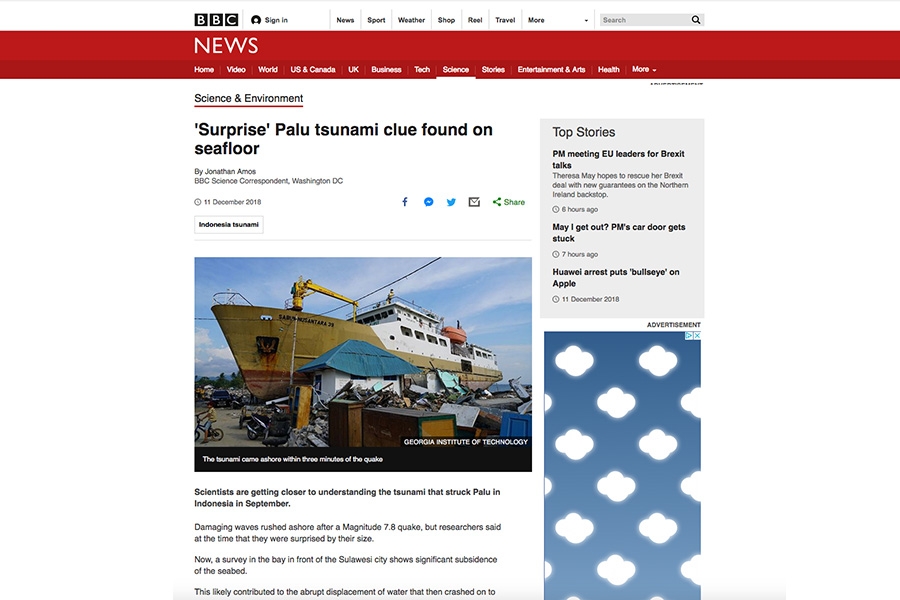 Screenshot of BBC News story about new data collected by Hermann Fritz and his colleagues after the tsunami in Indonesia in September.