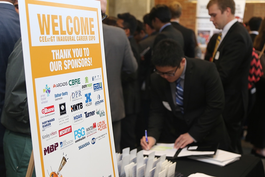 Students wait to meet with company representatives at the 2016 School of Civil and Environmental Engineering Career Expo. Among the firms that had success recruiting at the event were ARCADIS and Skanska, who were inaugural members of the School’s Corporate Affiliates Program and had prominent placement at the expo. (Photo: Jess Hunt-Ralston)