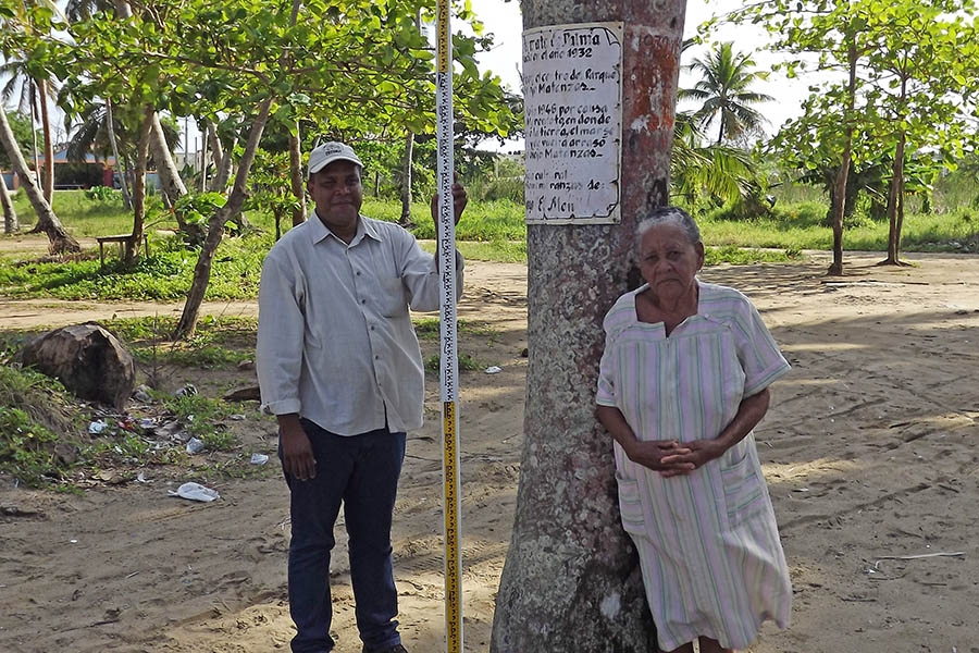 Claudio Martinez from the Dominican Republic’s Oficina Nacional de Meteorologia in Matancitas with local resident Patria, right, who took Martinez and Georgia Tech’s Hermann Fritz back to the site of a 1946 tsunami in the area. Patria remembered how high waters had reached at this palm tree, helping the team reconstruct the tsunami’s impacts more than seven decades after it happened. (Photo Courtesy: Hermann Fritz)