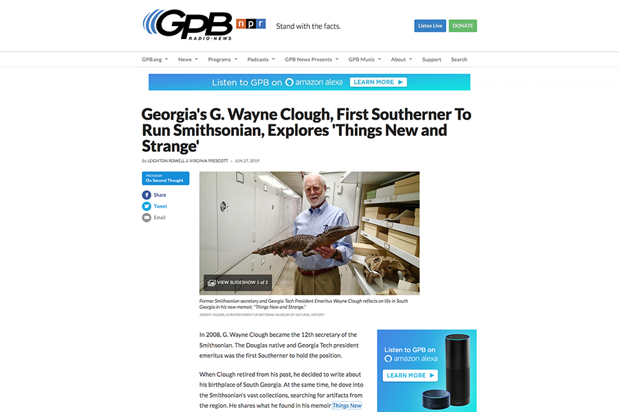 Screenshot of GPB story about G. Wayne Clough's new book, "Things Strange and New: A Southerner’s Journey through the Smithsonian Collections."