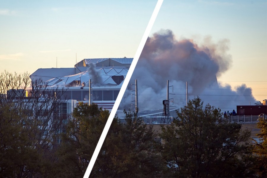 A split-screen shot shows the very beginning and the aftermath of the Georgia Dome implosion Nov. 20, with nothing but a dust cloud remaining. (Photos: Zonglin "Jack" Li)