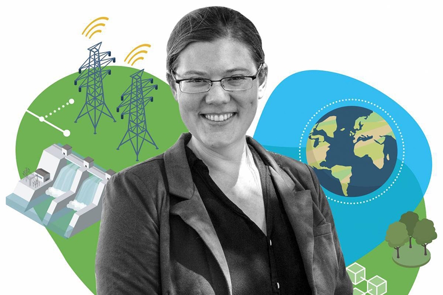 A black and white portrait of Assistant Professor Emily Grubert in front of green and blue graphics of the earth, environment and infrastructure. 