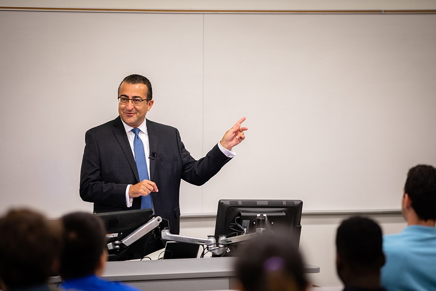 Wassim Selman, a triple alumnus of the School of Civil and Environmental Engineering, delivered the fall 2018 lecture in the Kenneth Hyatt Distinguished Alumni Leadership Speaker Series Oct. 2. Selman focused on the importance of keeping people in the equation — and even presented his own equation for how to do that. (Photo: Qiusen Huang)