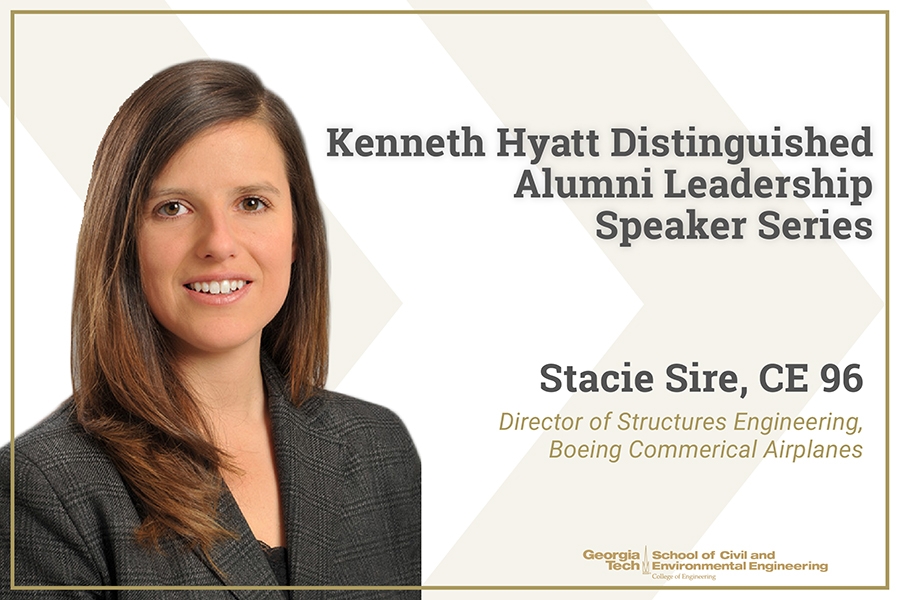 A graphic with a portrait of Stacie Sire in a blazer advertising the Hyatt Distinguished Leadership Speaker Series