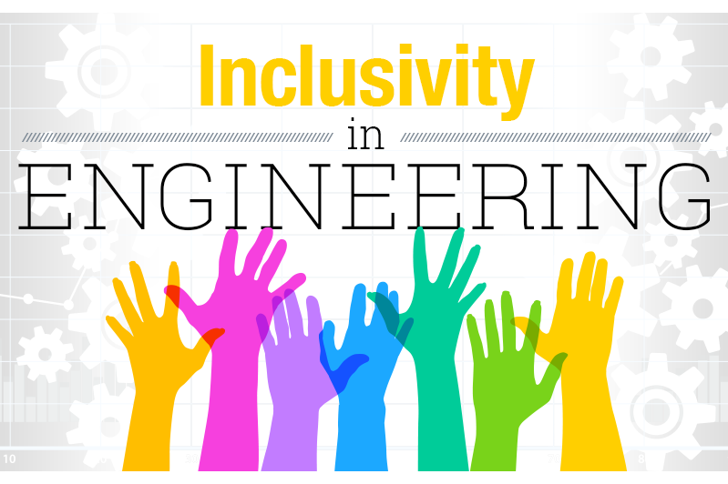 Inclusivity in Engineering graphic with multicolored hands reaching up. (Graphic: Sarah Collins)
