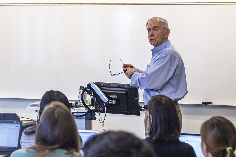 Professor of the Practice John Koon talks teaches his Senior Design class on a recent Thursday. Koon is one of the newest members of the National Academy of Engineering, one of the highest honors for the nation's engineers. (Photo: Amelia Neumeister)