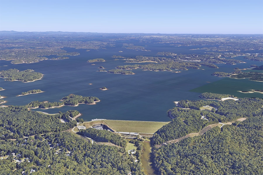 Google Earth view of Lake Lanier from Buford Dam. Gwinnett County is to the right of the dam. (Image Courtesy: Google, Landsat/Copernicus)