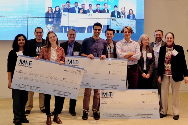 Civil engineering senior Arjun Bir and his Oasis team, center, won the $15,000 grand prize in the MIT Water Innovation Prize competition April 4. The team created a simple, inexpensive test for detecting E. coli in drinking water in India. (Photo: Andi Sutton/Abdul Latif Jameel World Water and Food Security Lab at MIT)