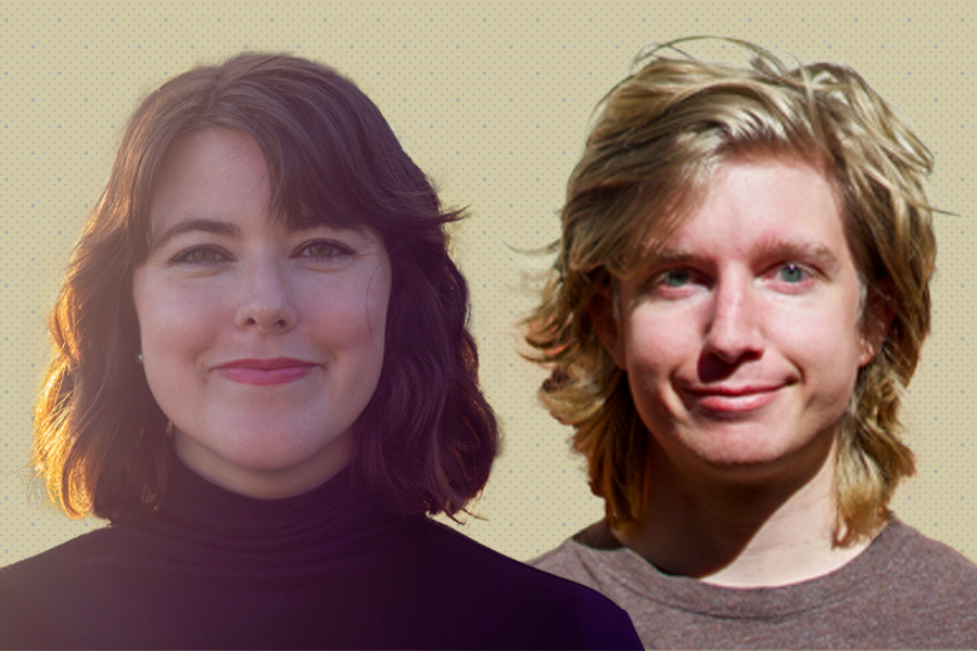 A composite image of a woman and man on a gold background