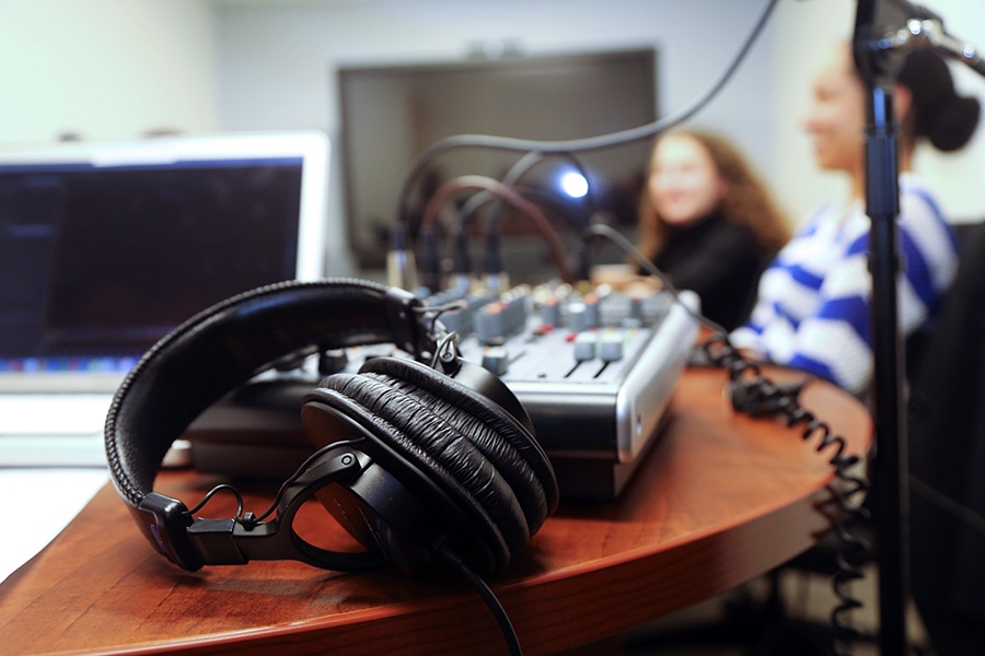 Headphones and a sound board before a recording for the first edition of the School of Civil and Environmental Engineering's new "Field Notes" podcast. (Photo: Jess Hunt-Ralston)