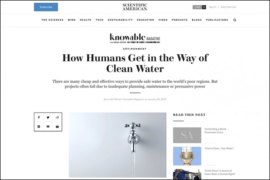 Screenshot of Scientific American/Knowable Magazine story, "How Humans Get in the Way of Clean Water," which features an image of a silver tap with water flowing out.