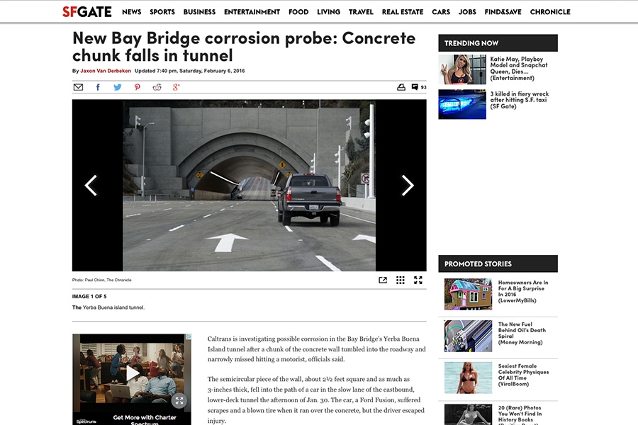 Screen shot of SFGate.com tunnel corrosion story featuring Professor Emeritus Larry Kahn.