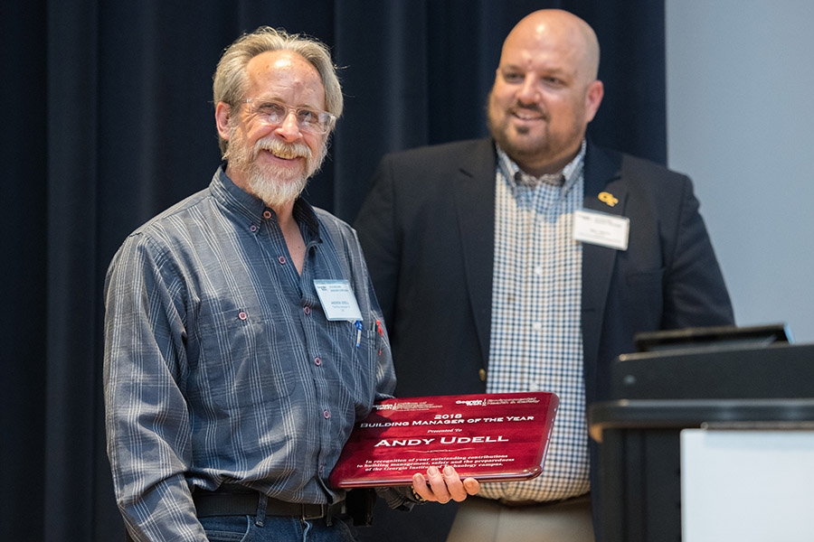 School of Civil and Environmental Engineering Facilities Manager Andy Udell holds a his Building Manager of the Year plaque March 19 at Georgia Tech's Building Manager Symposium. (Photo: Allison Carter)