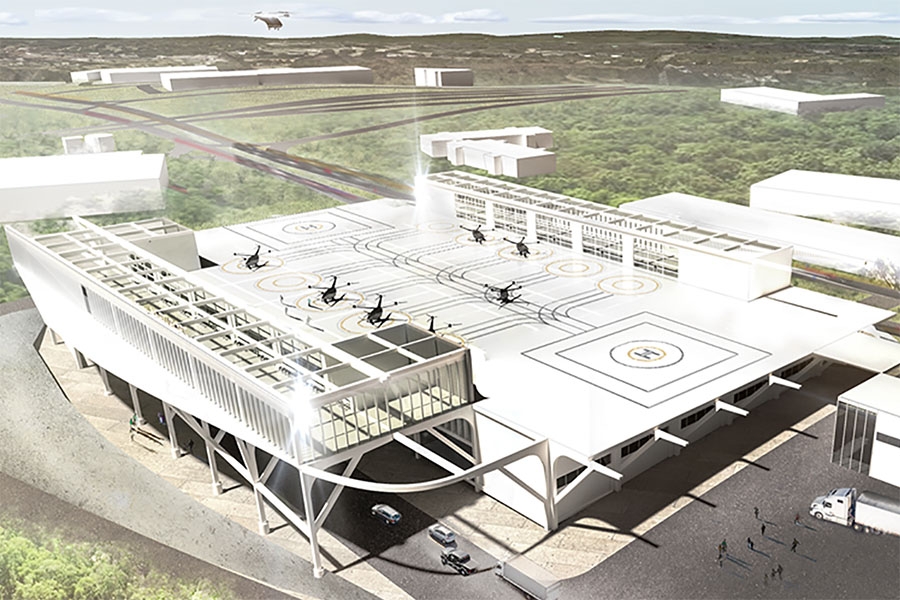 Rendering of a two-story air-mobility hub with a landing area for four-rotor aircraft and a lower level for vehicle traffic. If the new Center for Urban and Regional Air Mobility has its way, "vertiports" like this may soon be as popular as bus stops for city commuters and package transport. (Illustration: Yongmin Kim)
