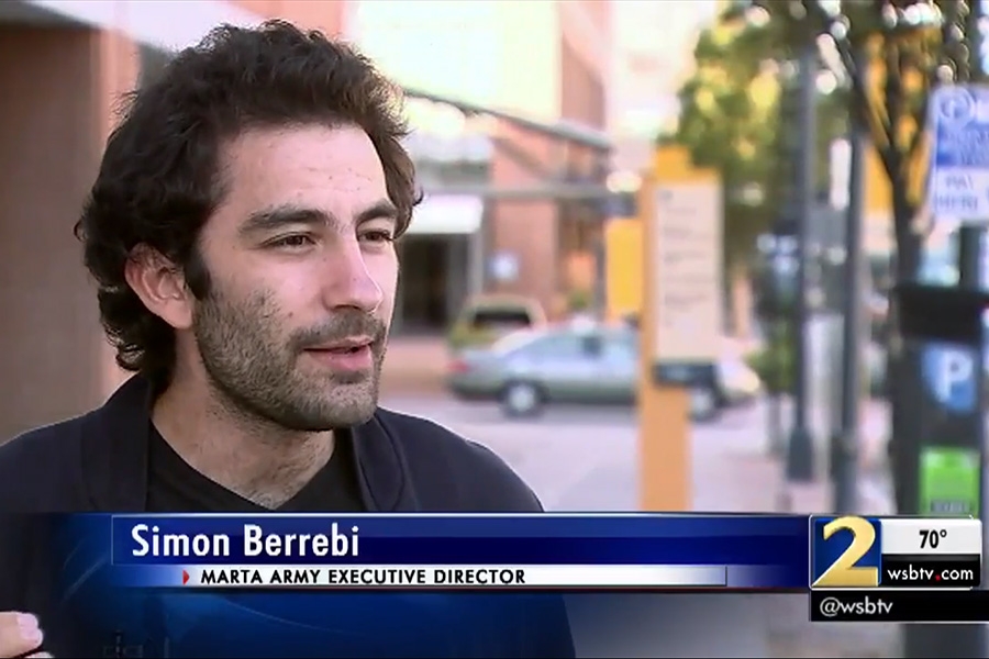 Screen shot of Ph.D. student Simon Berrebi's interview with WSB-TV in Atlanta about his group's effort to crowdfund trash cans for East Point bus stops.