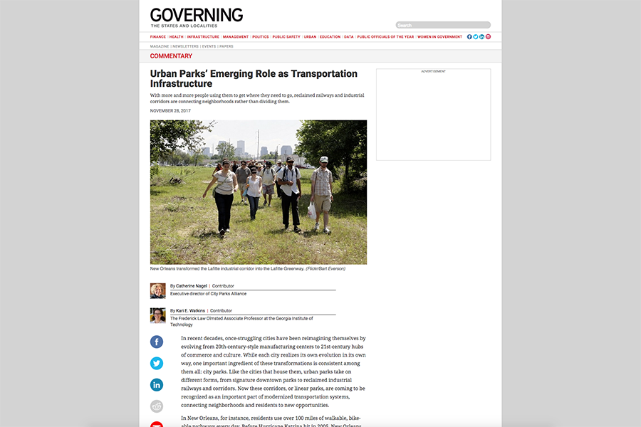 Screeen capture of Governing op-ed by Kari Watkins and Cathering Nagel, "Urban Parks' Emerging Role as Transportation Infrastructure"