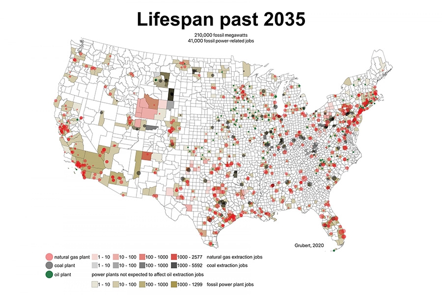 A map of the United States uses color to illustrate the lifespan of existing power plants